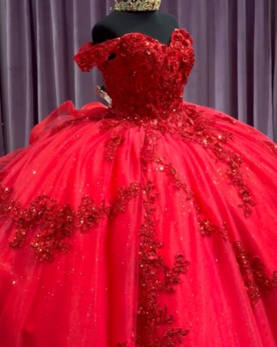 Off Shoulder Sequin Red Quince Dresses Sequin Sweetheart Neckline 15 Dress