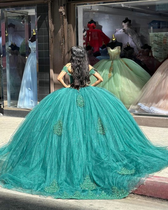 Off Shoulder Verdigris Quinceanera Dresses Lace Appliques V Neck 15 Dress