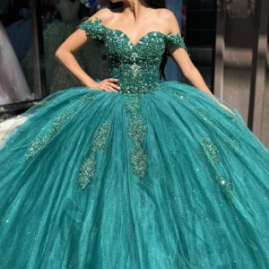 Off Shoulder Verdigris Quinceanera Dresses Lace Appliques V Neck 15 Dress