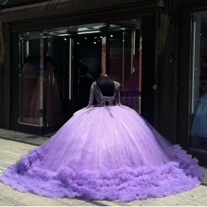 Pearl Sequin 15 Dresses Lavender Ruffled Quinceanera Dress With Long Sleeve