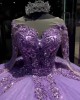 Pearl Sequin 15 Dresses Lavender Ruffled Quinceanera Dress With Long Sleeve