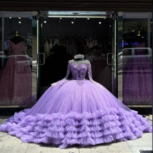 Pearl Sequin 15 Dresses Lavender Ruffled Quinceanera Dress With Long Sleeve