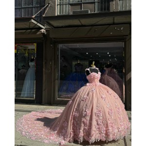 Pink Spaghetti Strap Quinceanera Dresses 3D Floral Appliques Sweetheart Neckline 15 Dress