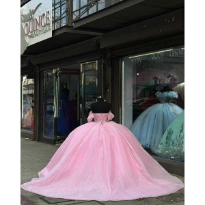 Puff Sleeve Pink 15 Dresses Lace Appliques Ball Gown Sweetheart Neck Dress