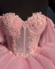 Puff Sleeve Pink 15 Dresses Lace Appliques Ball Gown Sweetheart Neck Dress