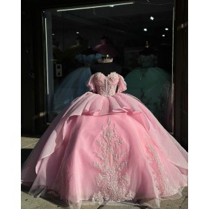 Puff Sleeve Pink 15 Dresses Lace Appliques Ball Gown Sweetheart Neck Dress