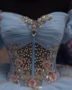 Puff Sleeve Sky Blue 15 Dresses Sweetheart Neck Ball Gown Metallic Appliques Dress