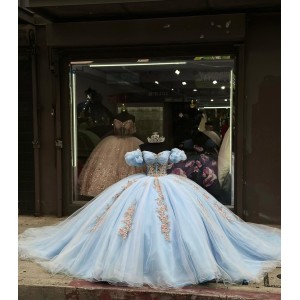 Puff Sleeve Sky Blue 15 Dresses Sweetheart Neck Ball Gown Metallic Appliques Dress