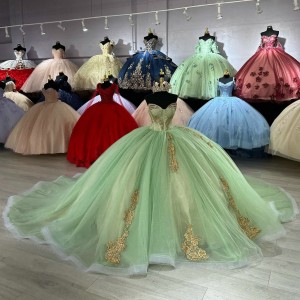 Sage Green Quinceanera Dress Metallic Flowers Sweetheart Neckline 15 Dresses