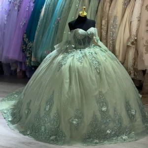 Sage Green Quinceanera Dress Three-Dimensional Embroidered Ball Gown With Long Sleeve