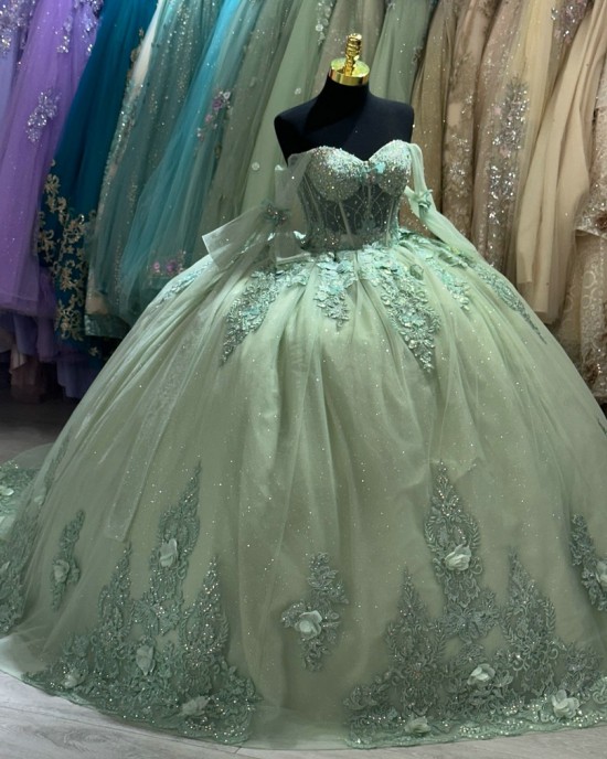 Sage Green Quinceanera Dress Three-Dimensional Embroidered Ball Gown With Long Sleeve