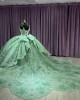 Sage Green Strapless Quinceanera Dresses Lace Appliqued V Neck 15 Dress With Bow