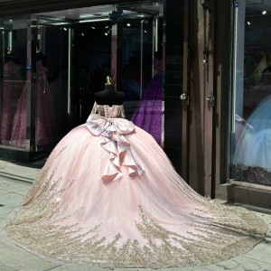 Sheer Bodice Sweetheart 15 Ball Gown Sequin Pink Quinceanera Dress With Bow