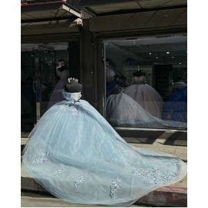 Sky Blue Quinceanera Dresses 3D Floral Appliques Sweetheart Neckline 15 Dress