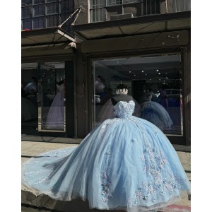 Sky Blue Quinceanera Dresses 3D Floral Appliques Sweetheart Neckline 15 Dress