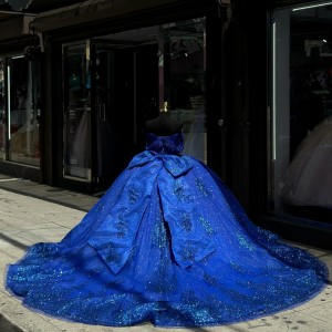 Sleeveless Blue Quince Dress Off Shoulder Ball Gown Metallic Sequin 15 Dresses