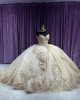 Spaghetti Strap Champagne 15 Dresses V Neck Ball Gown Sequin Quince Dress With Bow