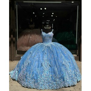 Spaghetti Strap Sky Blue Quince Dress Sweetheart Neck Ball Gown Multi Color Floral 15 Dresses With Bow