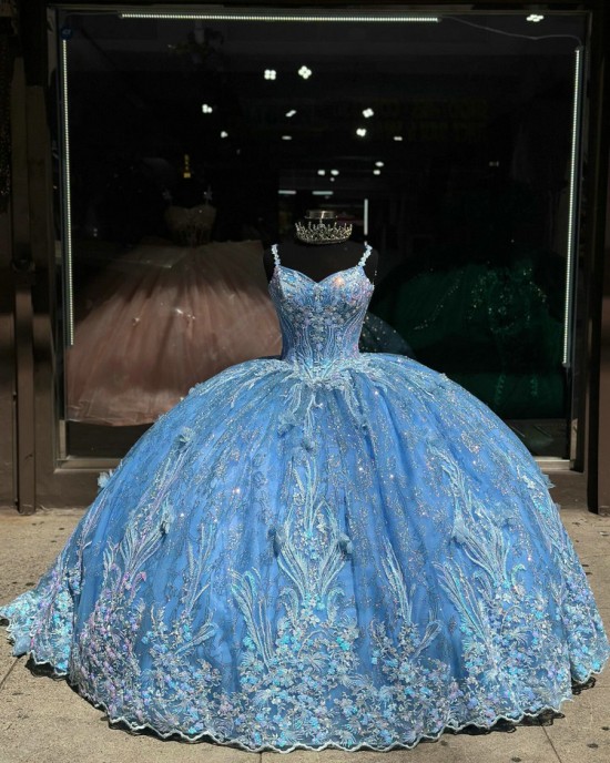 Spaghetti Strap Sky Blue Quince Dress Sweetheart Neck Ball Gown Multi Color Floral 15 Dresses With Bow