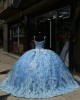 Spaghetti Strap Sky Blue Quince Dress Sweetheart Neck Ball Gown Multi Color Floral 15 Dresses With Bow