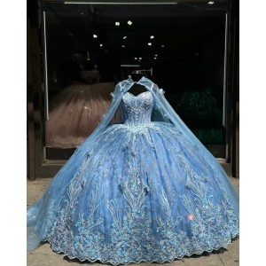 Spaghetti Strap Sky Blue Quince Dress Sweetheart Neck Ball Gown Multi Color Floral 15 Dresses With Bow