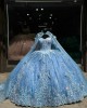 Spaghetti Strap Sky Blue Quince Dress Sweetheart Neck Ball Gown Multi Color Floral 15 Dresses With Bow