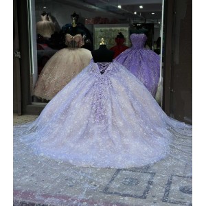 Strapless Light Purple 15 Dresses Sweetheart Neck Ball Gown 3D Flower Quince Dress