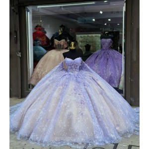 Strapless Light Purple 15 Dresses Sweetheart Neck Ball Gown 3D Flower Quince Dress