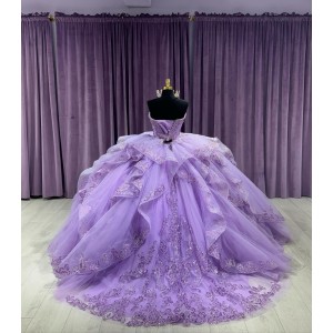 Strapless Lilac Quinceanera Dresses Crystal Sweetheart Neck Lace Appliques 15 Dress