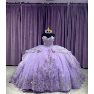 Strapless Lilac Quinceanera Dresses Crystal Sweetheart Neck Lace Appliques 15 Dress