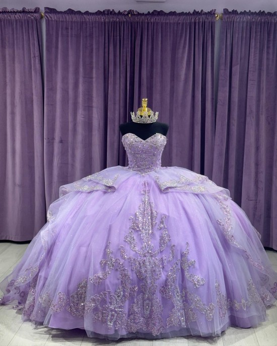 Strapless Lilac Quinceanera Dresses Crystal Sweetheart Neck Lace Appliques 15 Dress