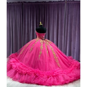 Strapless Ruffle Hot Pink Quince Dresses Sweetheart Neckline Metallic Sequin 15 Dress