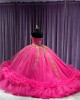 Strapless Ruffle Hot Pink Quince Dresses Sweetheart Neckline Metallic Sequin 15 Dress