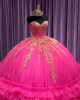 Strapless Ruffle Hot Pink Quince Dresses Sweetheart Neckline Metallic Sequin 15 Dress