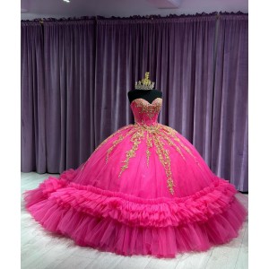 Strapless Ruffle Hot Pink Quince Dresses Sweetheart Neckline Metallic Sequin 15 Dress