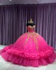 Strapless Ruffle Hot Pink Quince Dresses Sweetheart Neckline Metallic Sequin 15 Dress