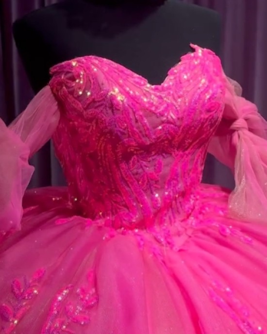 Strapless Sequin Hot Pink Quinceanera Dresses Beading Sweetheart Neckline 15 Dress