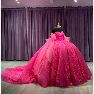 Strapless Sequin Hot Pink Quinceanera Dresses Beading Sweetheart Neckline 15 Dress