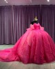 Strapless Sequin Hot Pink Quinceanera Dresses Beading Sweetheart Neckline 15 Dress