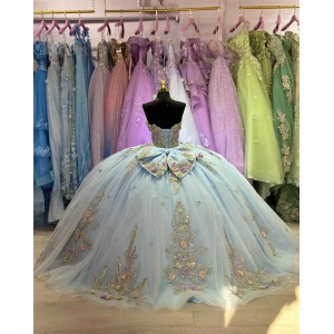 Strapless Sky Blue 15 Dresses 3D Floral Appliques Ball Gown Sweetheart Neck Dress With Bow