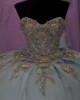 Strapless Sky Blue 15 Dresses 3D Floral Appliques Ball Gown Sweetheart Neck Dress With Bow