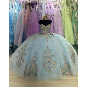 Strapless Sky Blue 15 Dresses 3D Floral Appliques Ball Gown Sweetheart Neck Dress With Bow