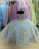 Strapless Sky Blue 15 Dresses 3D Floral Appliques Ball Gown Sweetheart Neck Dress With Bow