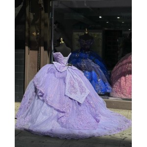 Sweetheart Light Purple Quinceanera Dresses Lace Appliques Off Shoulder 15 Dress With Bow