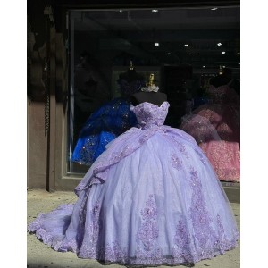 Sweetheart Light Purple Quinceanera Dresses Lace Appliques Off Shoulder 15 Dress With Bow