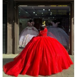 Sweetheart Neck Crystal Red Quinceanera Dresses Off Shoulder 15 Dress With Bow