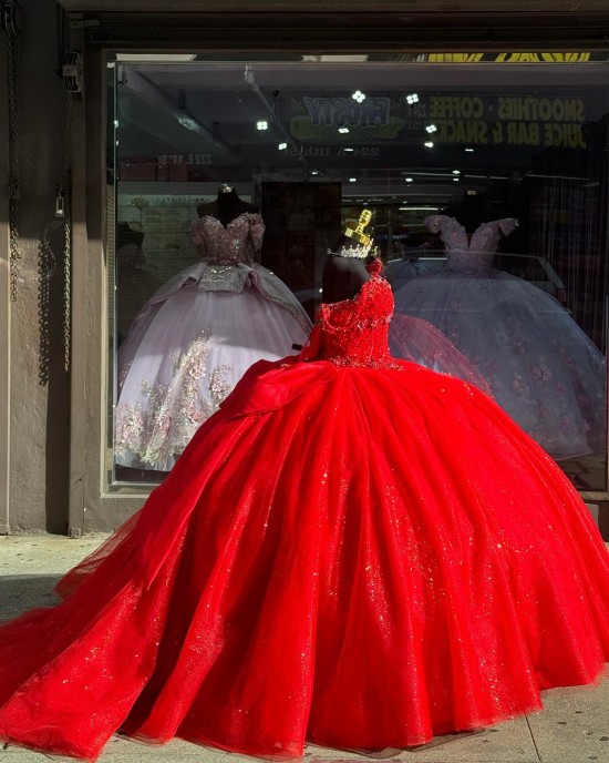 Sweetheart Neck Crystal Red Quinceanera Dresses Off Shoulder 15 Dress With Bow