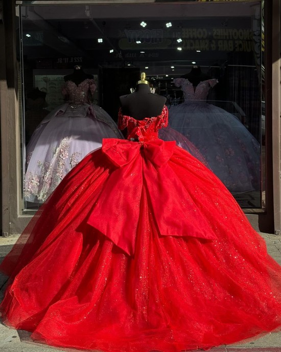 Sweetheart Neck Crystal Red Quinceanera Dresses Off Shoulder 15 Dress With Bow