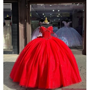 Sweetheart Neck Crystal Red Quinceanera Dresses Off Shoulder 15 Dress With Bow