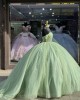 Sweetheart Neck Crystal Sage Green Quinceanera Dresses Off Shoulder Sequin 15 Dress